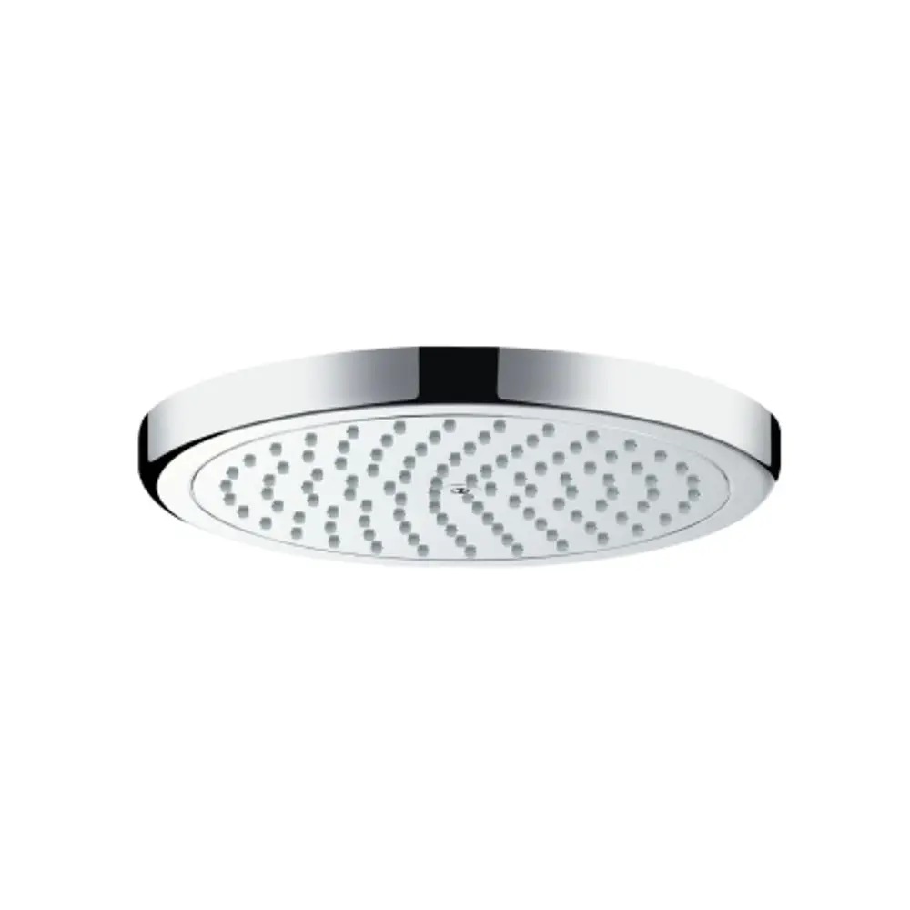 Runde Kopfbrause in Chrom-Optik mit zeitgemäßer Sprühfläche von Hansgrohe, ausgestattet mit mehreren Düsen für gleichmäßigen Wasserfluss.